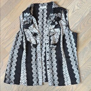 Tahari Black and White Sleeveless Blouse with Notched Colla pre owned
